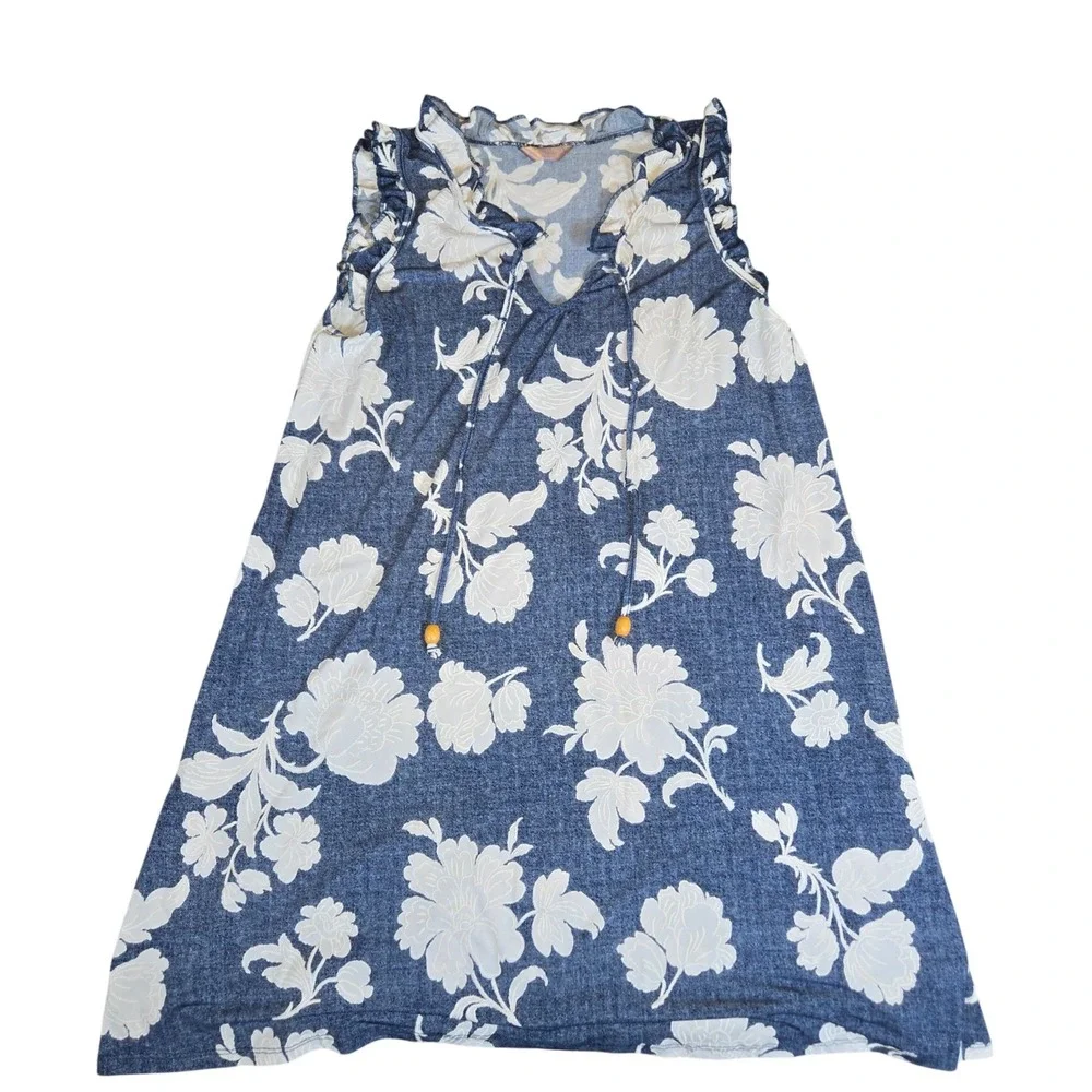 SJS‎ Floral Sleeveless Dress Womens Size L Ruffle Neck Beach Summer Casual
